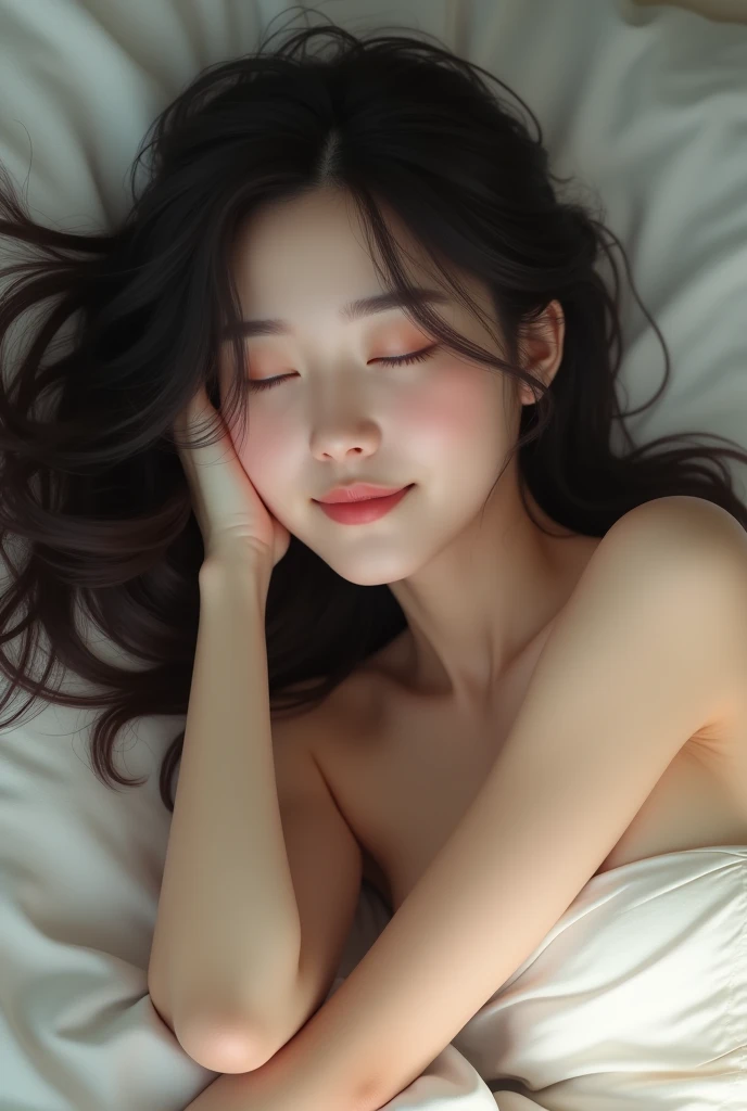 8k, (超Realistic: 1.35), (Realistic: 1.4), A beautiful Japanese woman, (((The best smile is released))),It depicts a woman sleeping with her legs spread apart and no blanket., Look up. Medium-long hair,Japanese women,