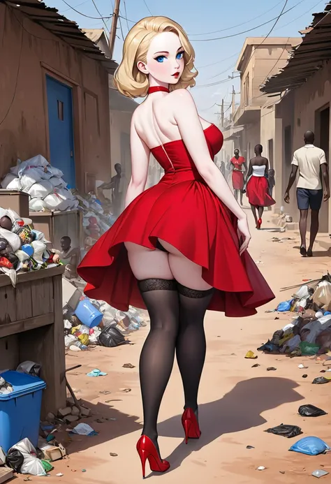 masterpiece, small size head, pinup, Stunning Blonde teen, pale skin, blue eyes, stunning, wearing red royal dress, she wear black stockings ,red stilettos ,thick calves, long thick legs , big ass. She is walking in poor african Town with a Lot of garbage ...