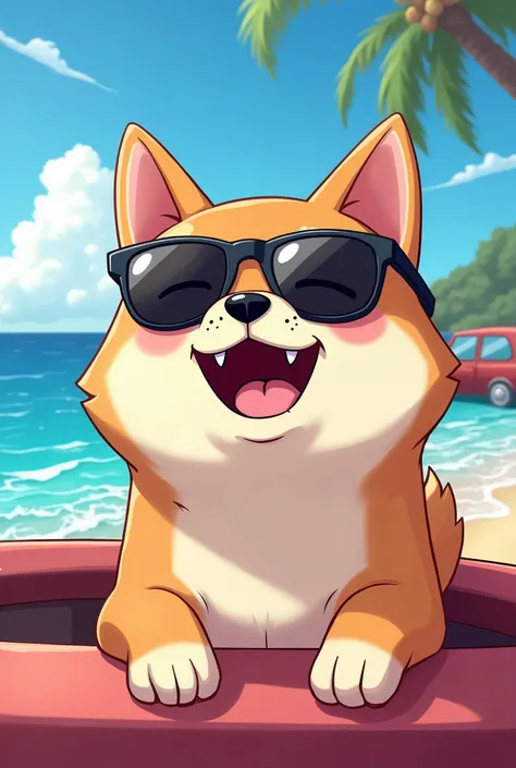 An illustration、anime、Shiba Inu、laughing、Black sunglasses、high quality、high resolution、Ocean、car