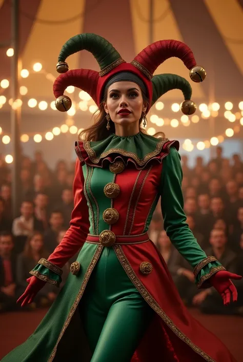 A SEXY FEMALE JESTER WEARING HER ICONIC GREEN AND RED JESTER OUTFIT AND HAT AT THE CIRCUS CAPTIVATING THE LARGE AUDIENCE INSIDE THE MAIN TENT.INCREDIBLEY DETAILED AND TEXTURED IN FULL 8K HD RESOLUTION