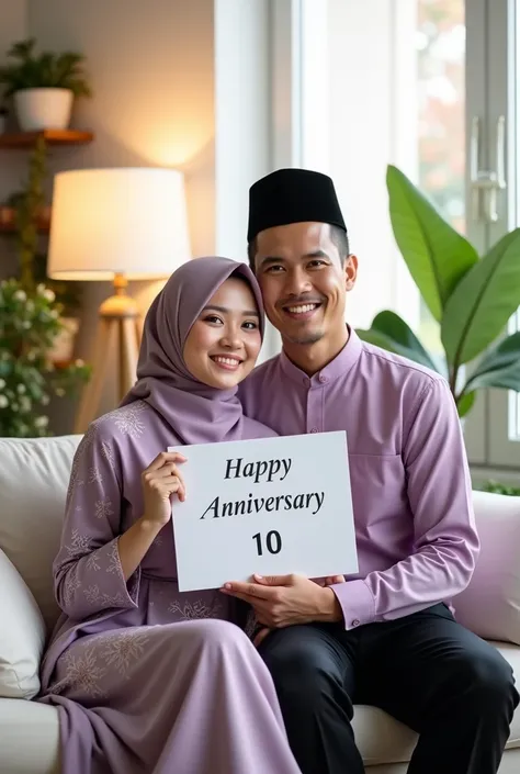 An indonesian beautifull women, 2, wearing gamis soft purple with motif like a birth day dress, long hijab pattern, a handsome man 30 years old wear soft purple long sleef, black sarung, kopyah, sitting on the white sofa, smile thinly to the camera, holdin...