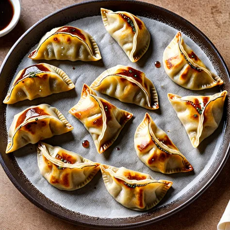 ((one side is brown and discoloured)).((baked dumplings)),((crescent shaped gyoza:1.5))、((you can see the minced meat through th...