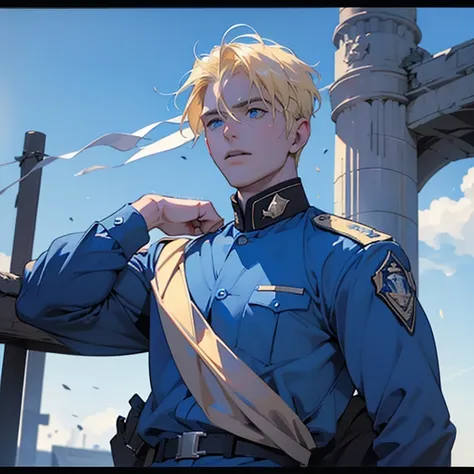 blond hair, blue eyes, young soldier, masculine, 20 years, athletic, Caucasian,  blond hair, blue eyes, marked arms, slightly inflated chest, strong abs. blue military uniform. M4A1 machine gun. 