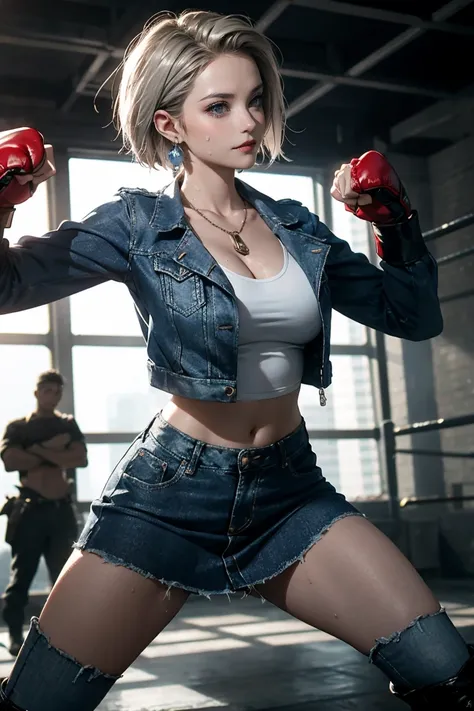 1girl in, solo, android 18, Silver blonde hair, Blue eyes, Short hair, Jewelry, earrings, Smile, Jacket, Looking to the side, denim, Denim jacket, Upper body, makeup、cloud, skyporn, day, Looking away, Blue sky, clavicle, Leather Mini Skirt、Amitant、Full bod...