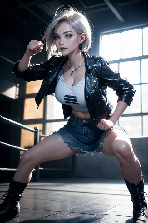 1girl in, solo, android 18, Silver blonde hair, Blue eyes, Short hair, Jewelry, earrings, Smile, Jacket, Looking to the side, denim, Denim jacket, Upper body, makeup、cloud, skyporn, day, Looking away, Blue sky, clavicle, Leather Mini Skirt、Amitant、Full bod...