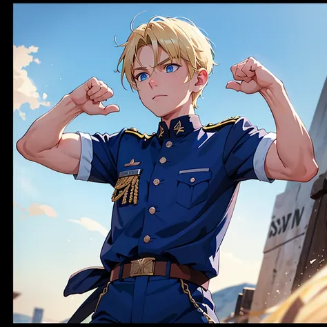 blond hair, blue eyes, young soldier, masculine, 20 years, athletic, Caucasian,  blond hair, blue eyes, marked arms, slightly inflated chest, strong abs. blue military uniform. M4A1 machine gun. 