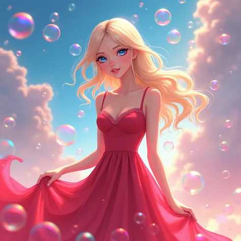 high quality, 8K Ultra HD, high detailed, masterpiece, A digital illustration of anime style, soft anime tones, Detailed illustration of many colorful soap bubbles falling from the sky on a beautiful woman, red dress, colorful colors, colorful woman, blond...