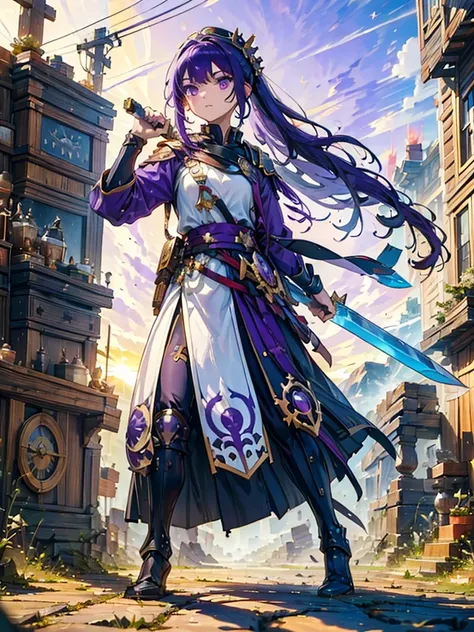 masterpiece,highest quality,one person,costume 1,,sunrise,dawn,holding flag,open your mouth,sword,purple hair,purple eyes,white ...