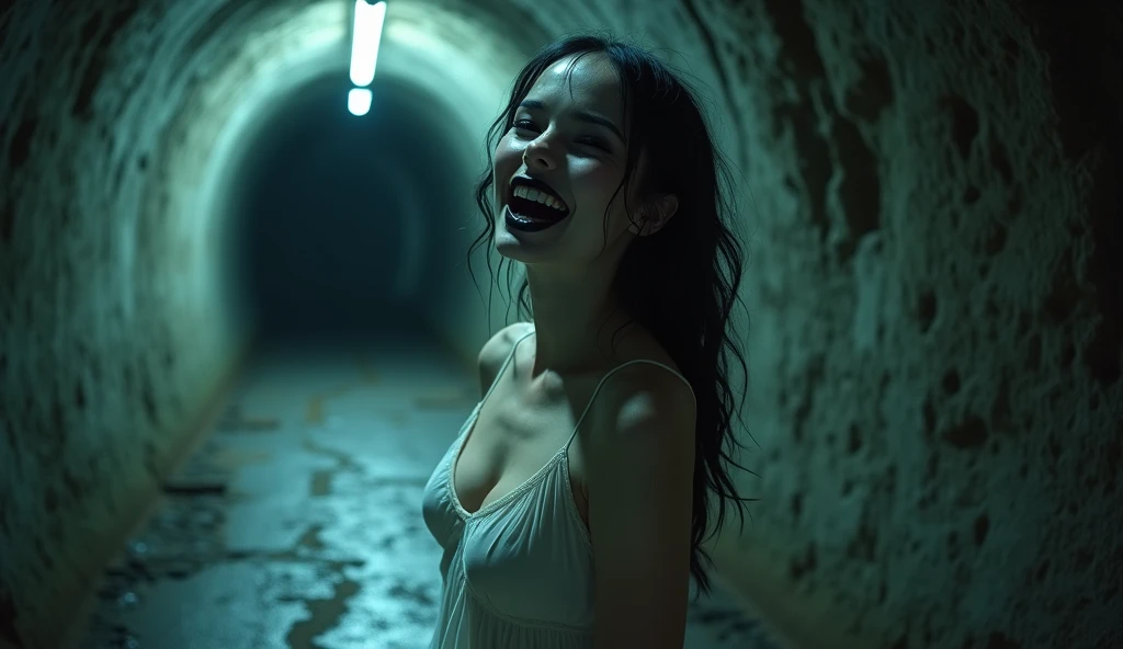 In the depths of an abandoned mountain tunnel, eerily lit by flickering fluorescent tubes, a stunning evil spirit materializes. The camera captures a subjective POV shot as we gaze upon the enchanting woman standing like a specter in a sheer white negligee...