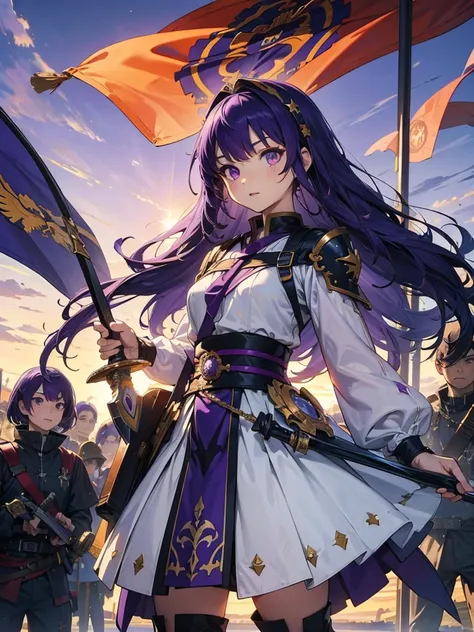 masterpiece,highest quality,one person,costume 1,,sunrise,dawn,holding flag,open your mouth,sword,purple hair,purple eyes,white ...