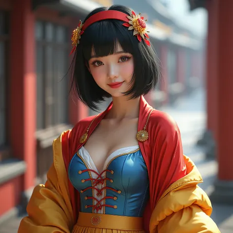 , Beautiful Chinese 1 female , wearing snow white cosplay, blue silk corset, red silk cape, yellow silk pleated skater skirt, silk leggings, black bob hair, red hairband, masterpiece, photorealistic, amazingly detailed face, maximum resolution,  happy, dyn...