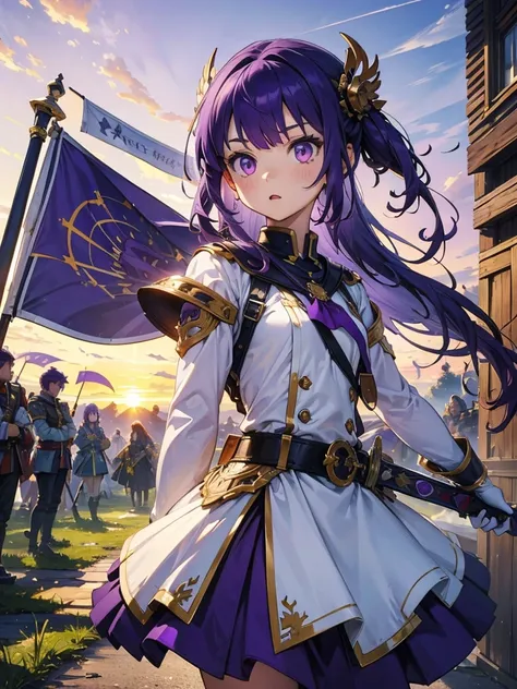 masterpiece,highest quality,one person,costume 1,,sunrise,dawn,holding flag,open your mouth,sword,purple hair,purple eyes,upside...