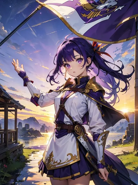 masterpiece,highest quality,one person,costume 1,,sunrise,dawn,holding flag,open your mouth,sword,purple hair,purple eyes,upside...