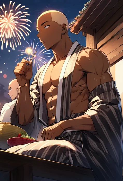 Highest quality、Midsummer evening、Short Hair、Sports haircut、Two muscular men wearing yukatas happily eating on the veranda、Pectoralis major、Abdominal muscles、Brown skin、Shaved head、firework