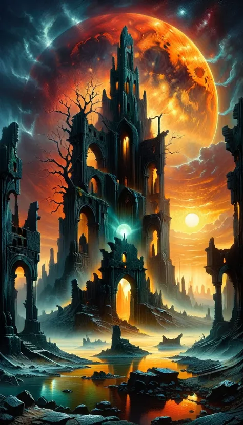 donmd1g174l4sc3nc10nxl, acrylic painting，vivid and detailed dark fantasy surrealism (doomsday ruins:1.5), trees, river, hills, s...