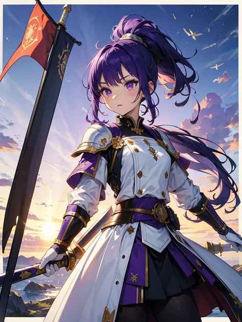 masterpiece,highest quality,one person,costume 1,,sunrise,dawn,holding flag,open your mouth,sword,purple hair,purple eyes,ponyta...