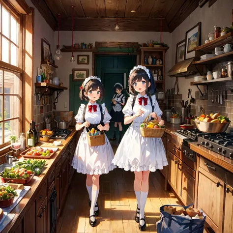 Live-action style, cartoon characters, figures, two pretty girls dressed as maids carrying sumptuous food, mansion kitchen, glitter