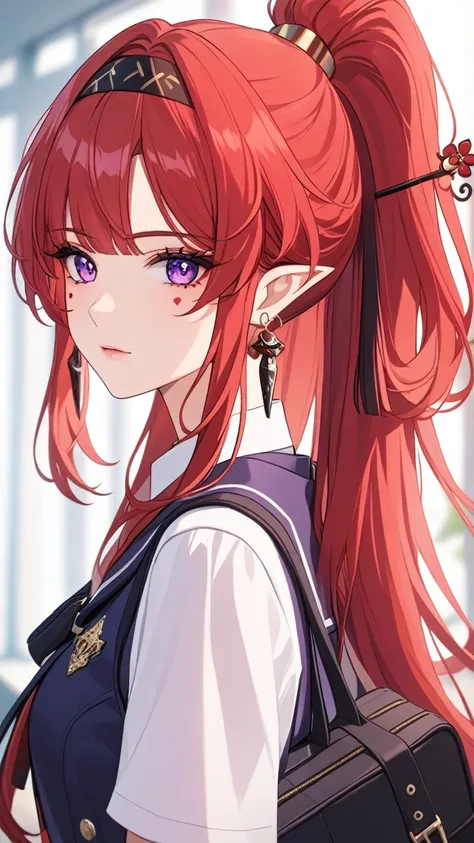 1girl,bangs,jewelry,ponytail,hairband,earrings,red hair,purple eyes,hair ornament,pointy ears,long hair,hair stick,facial mark,s...