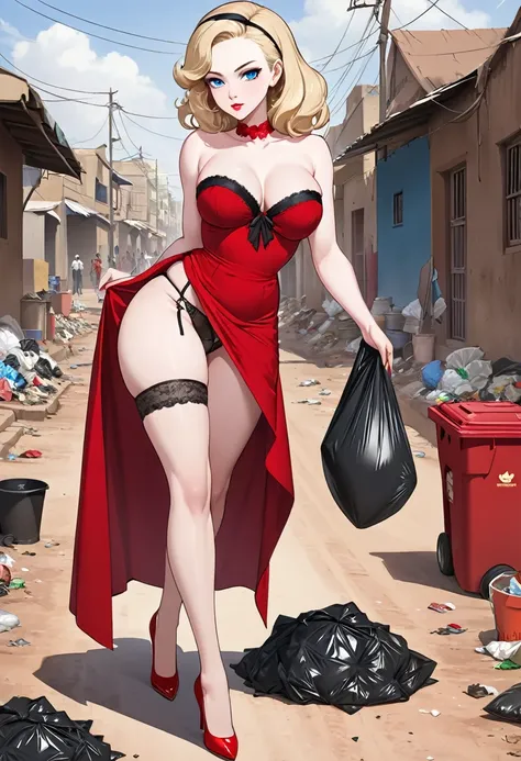 masterpiece, small size head, pinup, Stunning Blonde lady, pale skin, blue eyes, stunning, wearing red royal dress, she wear black stockings and garter belt ,red stilettos ,thick calves, long thick legs , big ass. She is walking in poor african Town with a...