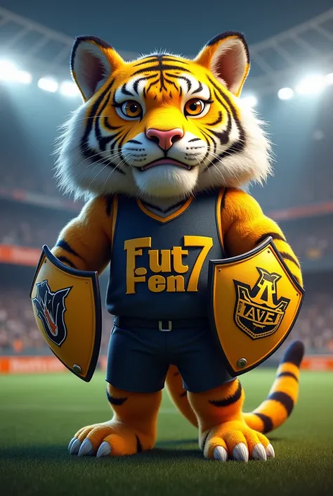 Create a promotional flyer for the friendly fut7 match between yellow rc and black with an image of our realistic tiger mascot with shields
