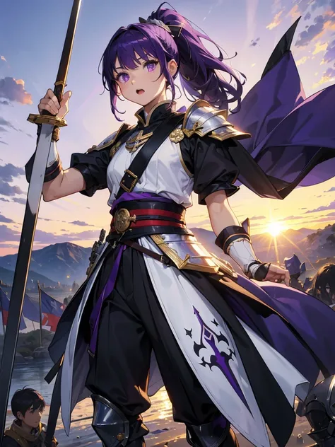 dressed as a man、masterpiece,highest quality,one person,costume 1,,sunrise,dawn,holding flag,open your mouth,sword,purple hair,p...