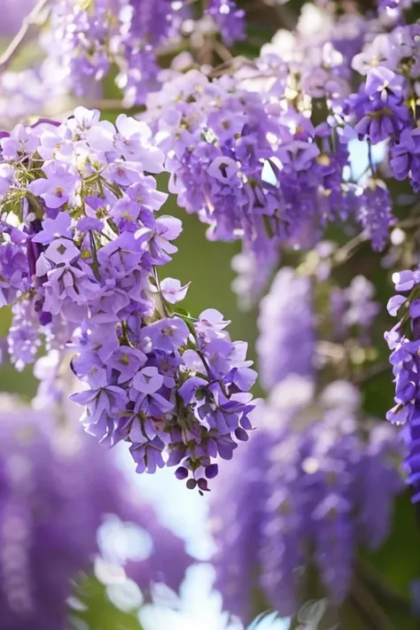 Please describe a close-up of blooming purple wisteria flowers. Soft light illuminates the petals, and the background is a blurred shade of blue, emphasizing the elegant shape of the flowers. The petals have a subtle gradient of light purple and white, cre...