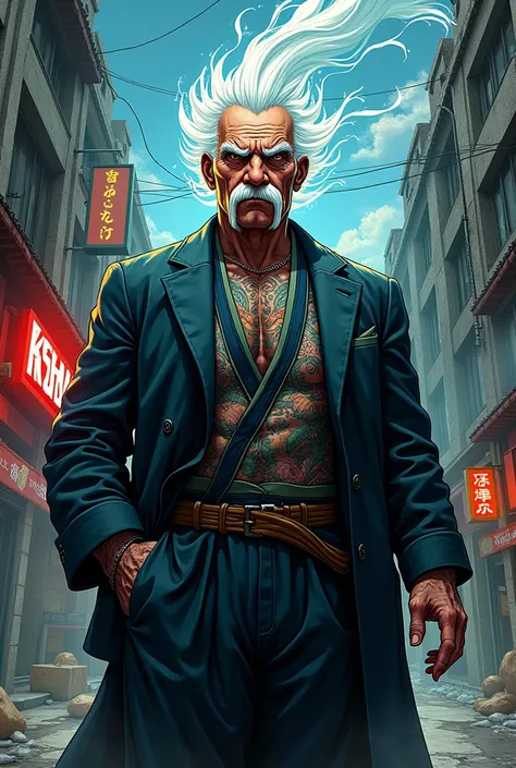 An elderly person with white hair. And a white mustache and a yakuza outfit that has the power of wind and is 80 years old manga