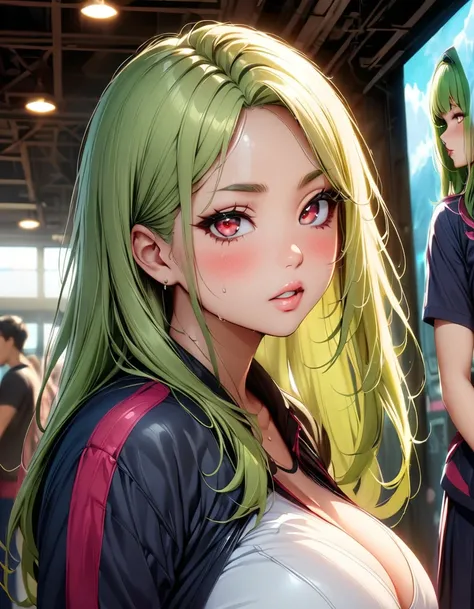 score_9, score_8_up, score_7_up, score_6_up, score_5_up, 1girl, solo, green hair, straight hair, long hair, red eyes, glowing eyes, sultry eyes, juicy lips, plump lips, glossy lips, soft blush, dolly face, eyelashes, eyeliner, large breasts, thick ass, pal...