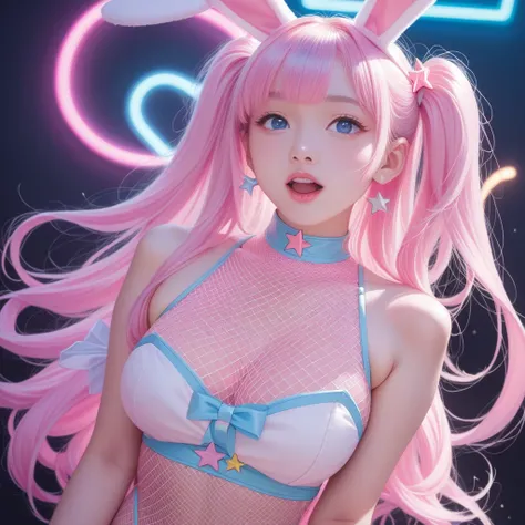 score_9_superior, score_8_superior, score_7_superior, score_6_superior, One person, alone, pastel colour, Open your mouth, Long Hair, star , (symbol), Bunny girl、Fishnet tights、Enamel costume、net costume、Large Breasts、Twin tails, View your viewers, blue ey...