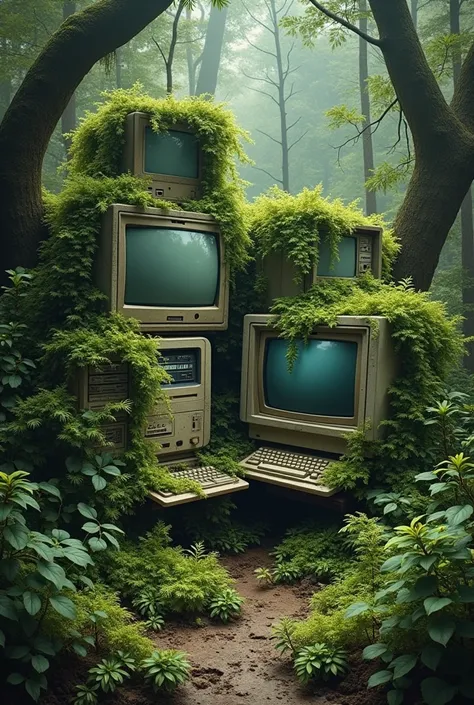 mossy and lush vintage computers that is full of plants and hanging vines