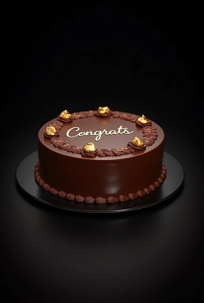 A 1kg chocolate cake with chocolate ganach 
with some decorations and with black background and congrats written in cake