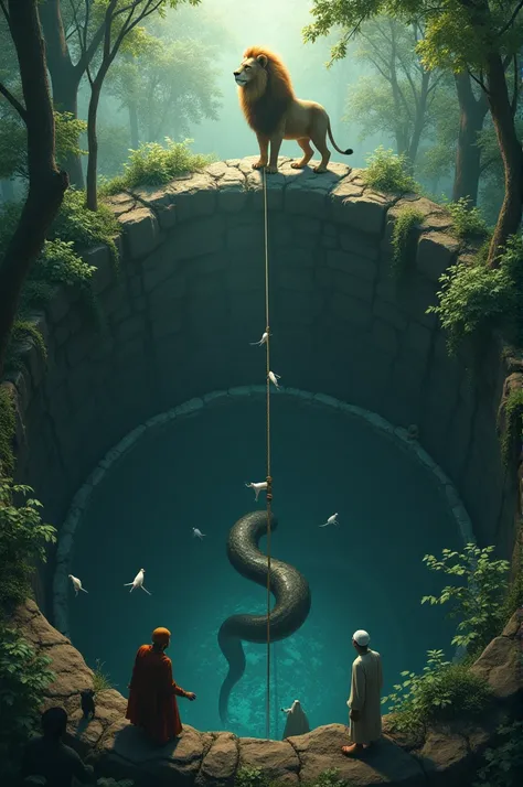 Muslim people in the deep forest. Falling into the well and hanging on the rope. And on the rope a white mouse, a black mouse. A huge snake inside the well. Inside the well is a beehive in the tree. A big lion above the well.