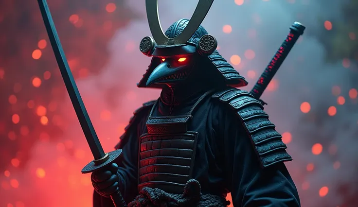 A man with a katana in his hand, Dressed in samurai robes and armor，Use a beak mask，Beak-shaped mask，glowing light eyes, weirdcore, nasty, nightmarish, very bright colors, light particles, with light shining, Mshiv, Wallpaper Art, UHD Wallpaper