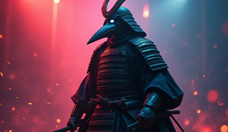 A man with a katana in his hand, Dressed in samurai robes and armor，Use a beak mask，Beak-shaped mask，glowing light eyes, weirdcore, nasty, nightmarish, very bright colors, light particles, with light shining, Mshiv, Wallpaper Art, UHD Wallpaper