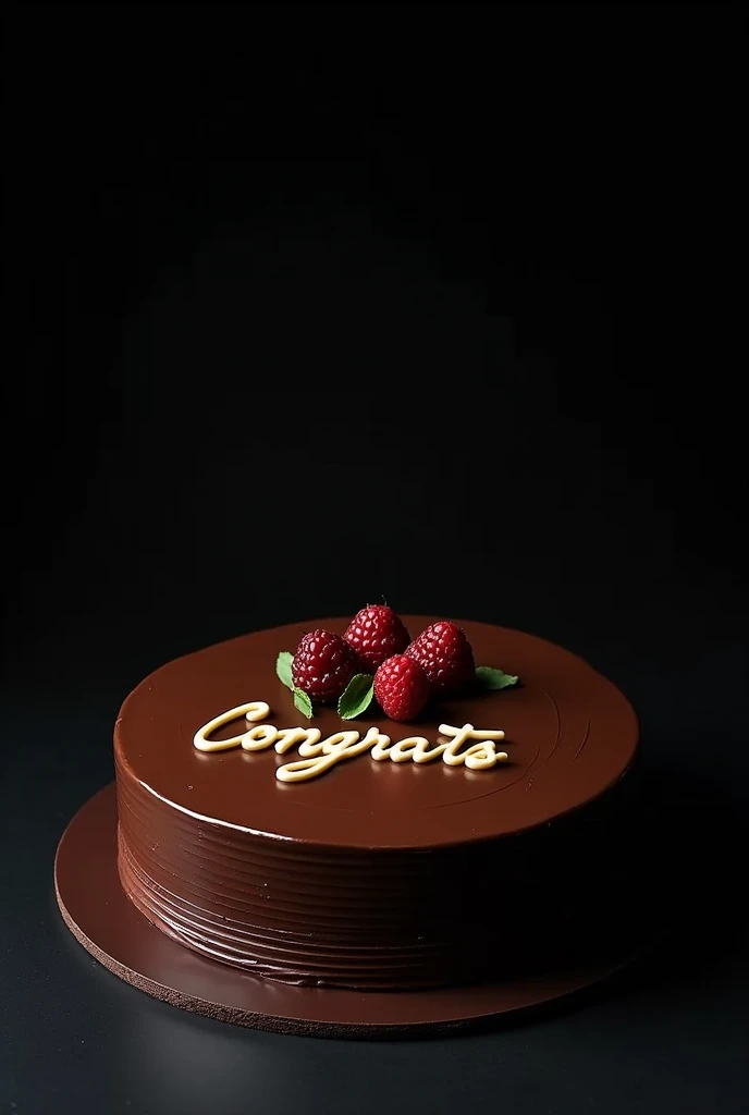 A 1kg chocolate cake with line chocolate ganach 
with some decorations and with black background and congrats written in cake