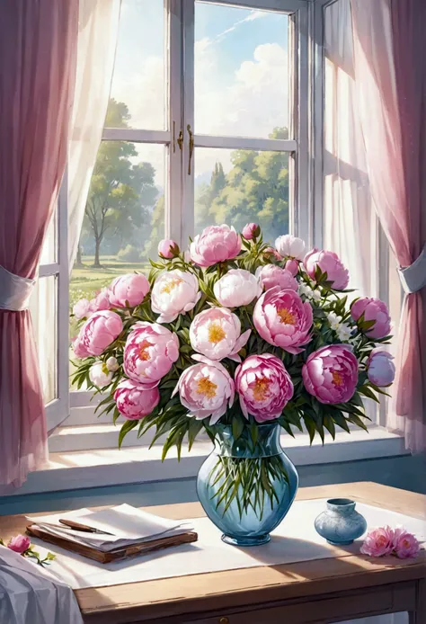 Paint a picture: There is a vase with a bouquet of peonies on the table by the window, There are curtains on the window, there is a field outside the window.