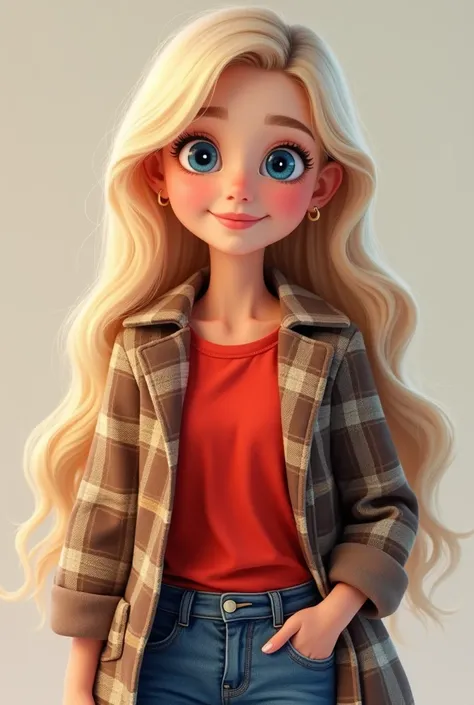 Make a cute blonde teenage girl wearing a red blouse, a plaid coat and jeans 