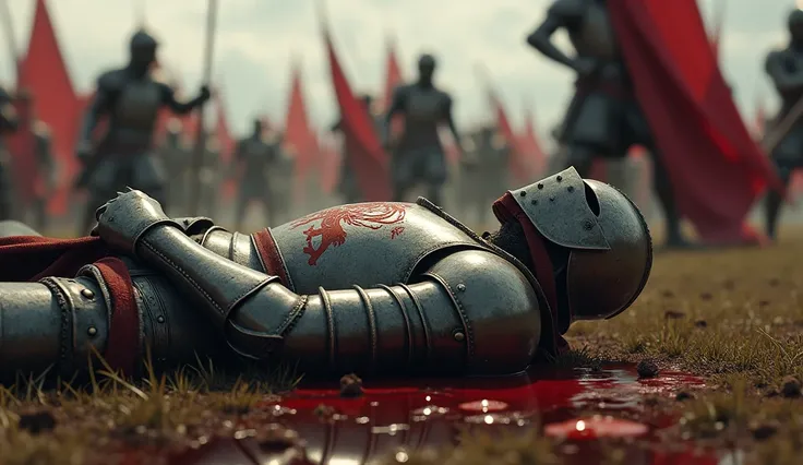 A highly realistic, high-contrast, 8K HD, detailed, hyper-detailed image. Tono, a knight clad in full armor with a lion emblem on his chest, lies defeated on the battlefield. Tono is wearing a helmet and is lying on the ground, with a small pool of blood f...