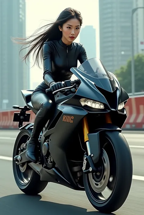 Cute Chinese girl riding a super bike with a black suit and black bike with a helmet on the tank that has written king on it 
