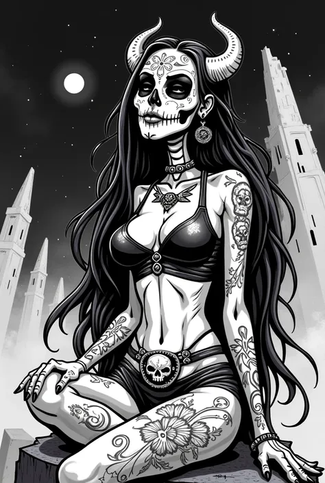 (Black and white doodle style cartoon) woman holy death, Goddess of the Dead, mexican skull face, long  hair, sitting, various tattoos, leather outfit, Ox skull