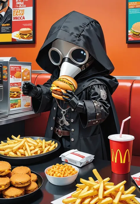 (masterpiece, best quality:1.1), (ultra highres, ultra-detailed:1.2),pop-art style,flatcolor, (he is eating a big mac),sitting,French fries, juice, and McNuggets are placed on the table,(in McDonalds shop), BREAK chibi-boy,((wearing plague-doctor costume,p...