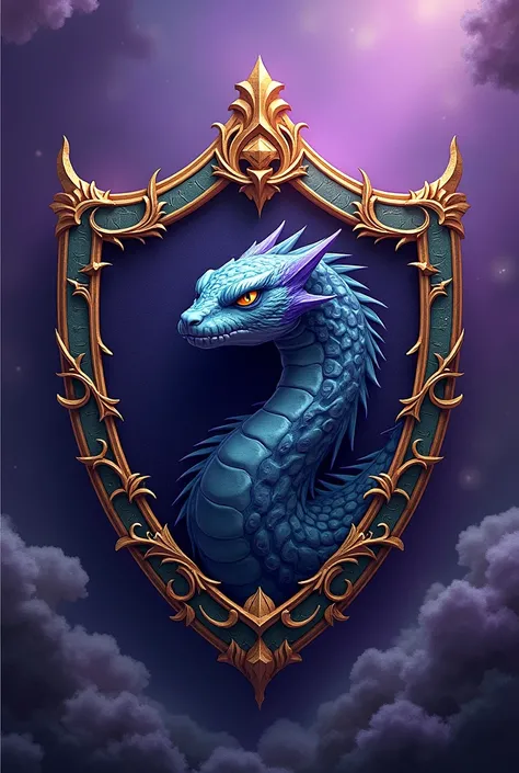 The emblem looked like a shield brooch with a Basilisk filling the frame. And its a sky purple theme and little bit ground.