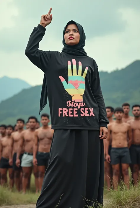 A hijaber indonesian pretty woman, wearing a  tshirt long leging with a strong vector design featuring a silhouetted image of a five-fingered palm in pastel colour with love and light. The phrase "STOP FREE SEX" is displayed in bold simple elegand, distres...