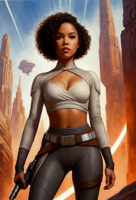 An illustrated movie poster, hand-drawn, full color, a teenage Jedi, 18-years-old, female, wearing a crop top and leggings, athletic hourglass figure, busty bosoms, full wide hips, massive round butt, long shapely legs, ridiculously thick powerful thighs, ...