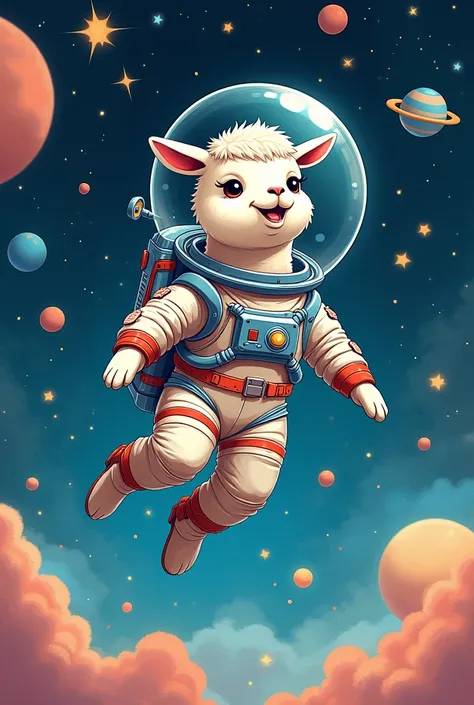 
2. **「Alpaca wearing a space suit、A scene of floating in space」**  
   Draw stars and planets in the background、It depicts an alpaca happily exploring space.、Enjoy the unique surreal line drawings of alpacas.！