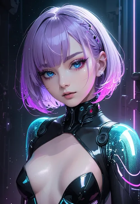 ((best quality)), ((Masterpiece)), (details), 1 woman, small breasts, light purple hair, blue eyes, ((short hair)), Bangs , beautiful face, Beautiful skin, Long eyelashes, Thick eyelashes, cyberpunk, futuristic, cyberpunk bodysuit, neon light, Shading effe...