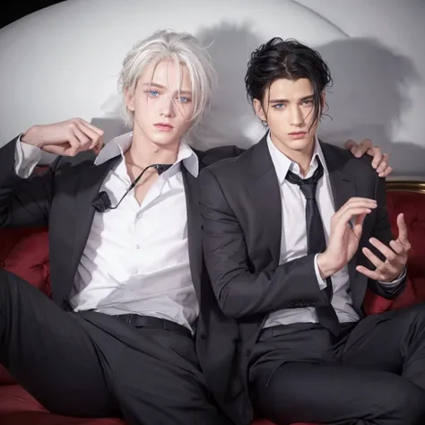 two guys in suits, the one on the left has white hair and blue eyes, the one on the right has black eyes and black hair