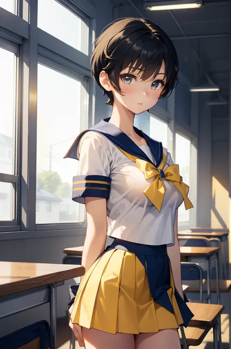 独奏、high school girl、Beautiful breasts、(high school girl、A sailor uniform with a short length、Short summer clothes、Yellow ribbon on chest)、(Navy blue micro mini skirt、Low-rise micro mini skirt)、(Black Hair、Short Hair)、Dark Eyes、Beautiful thighs、classroom