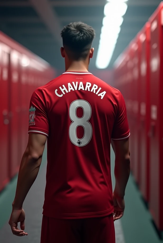 Make that same player with his back turned but with the Liverpool shirt on, with the name Chavarria and number 8, and walking to the locker room 