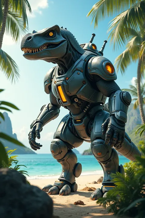 An rhinoceros tyrannosaurus hybrid in robotic suit stand in south seas to protect earth from meteorites 